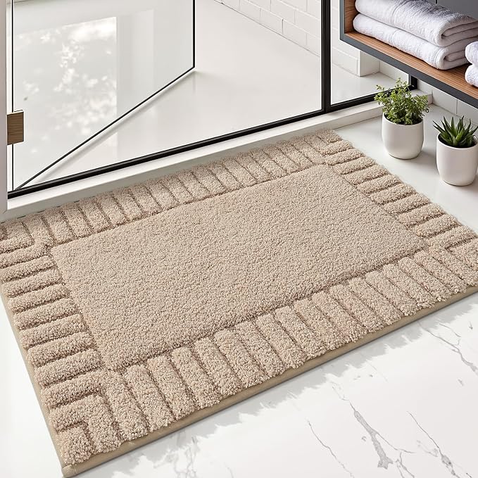 LUMI Bathroom Rugs Non Slip with Rubber Backing, Extra Soft Plush Microfiber Bath Rug Absorbent, Machine Washable Bath Mat Quick Dry for Tub, Shower, Hotel, Beige, 16"x24"