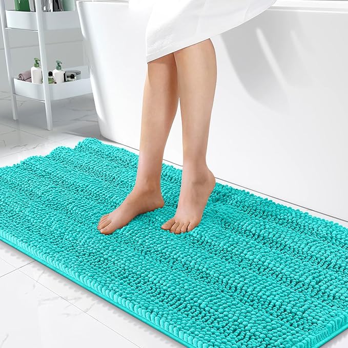 OLANLY Thick Bathroom Runner Rugs 47x24, Extra Absorbent Chenille Striped Bath Rugs, Rubber Backing, Machine Wash Dry, Long Bath Mats for Bathroom Floor, Tub and Shower, Home Decor Accessories, Teal