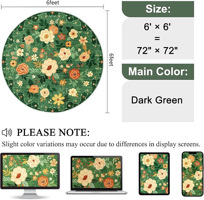 DUKINO Floral Round Rug, 6ft Washable Circle Rug, Non Slip Indoor Low Pile Circle Rug, Soft Small Boho Design Carpet for Bedroom, Entryway, Living Room, Dining Room, Dark Green