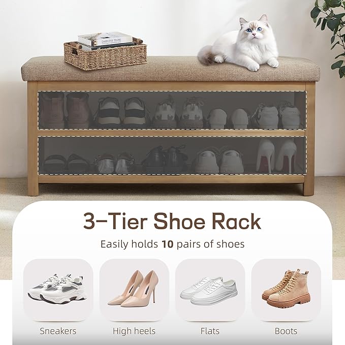 Zihanhome Shoe Rack Bench with Cushion, 2 Tier Solid Wood Storage Bench, Mid-Century Modern Shoe Bench for Entryway, Hallway, Closet, Front Door Entrance, Foyer (Brown, 46.5")