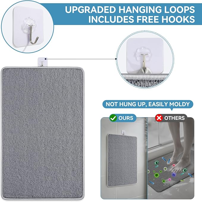 Non Slip Shower Mat Bathtub Mat 16x24 Inch, Quick Dry Bath Mat with Drain, Soft PVC Imitation Loofah Foot Scrubber Bath Mats for Bathroom Tub Shower Floor, Hangable & Hook Included, Gray