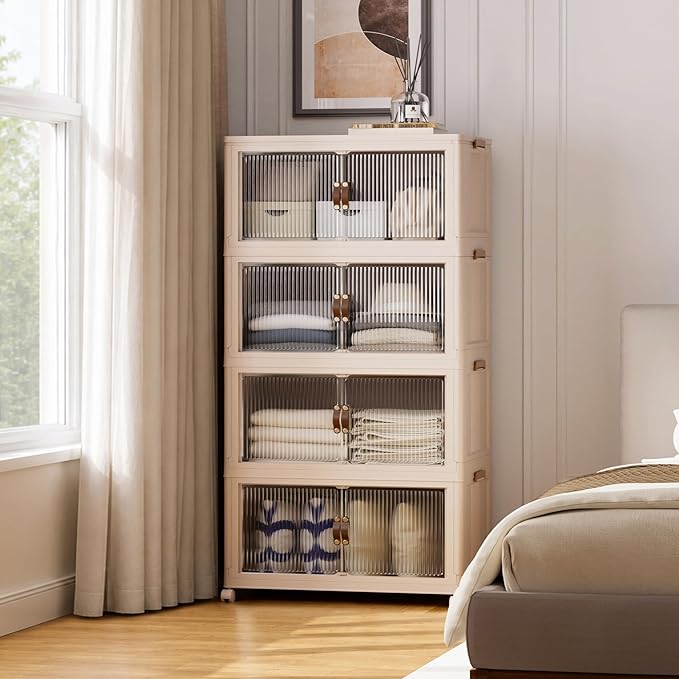 SAILUN 127Gal/508Qt Extra Large Stackable Storage Bins Folding Collapsible Storage Bins with a Lid, Closet Organizers Blush White 28" W x 17" D x 61" H