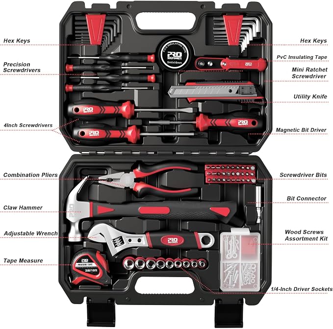 Prostormer 160-Piece Home Repair Tool Set, General Household Hand Tool Kit with Toolbox Storage Case for House, Garage, College Dorm and Office (Red)