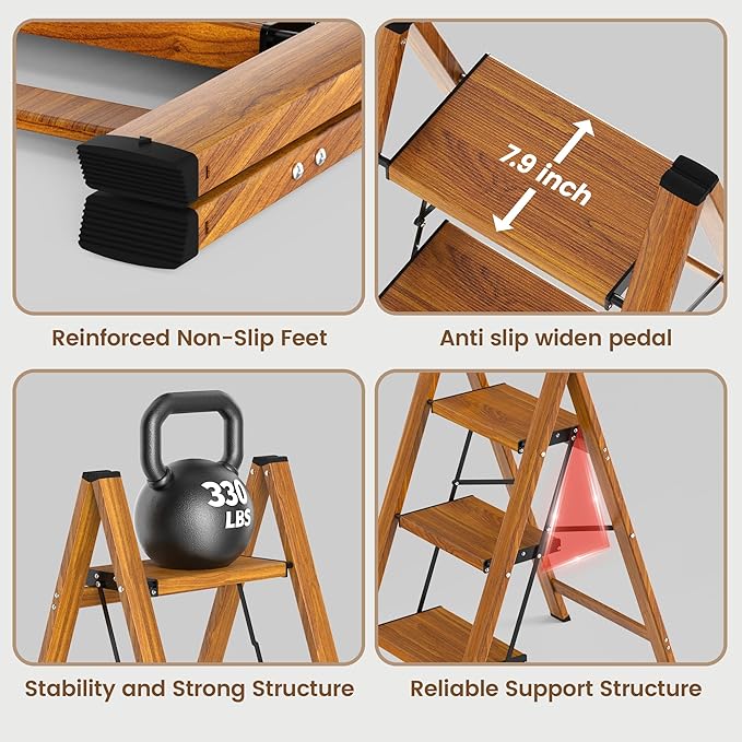 HBTower Step Ladder,Lightweight Aluminum Folding Step Stool with Anti-Slip Wide Pedal,330lbs Capacity Step Ladder for Household,Kitchen,Office - Woodgrain