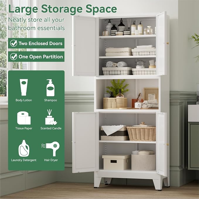 Bevivog 69" Tall Pantry Cabinet, Metal Kitchen Storage Cabinet with 4 Doors and 5 Shelves, Freestanding Metal Pantries Cupboard with Microwave Shelf for Kitchen,Dining Room,Bathroom,Laundry