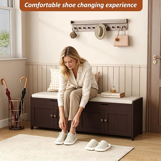 HOMEFORT 54.4" Shoe Bench with Lift Top Storage, Entryway Bench with Cushioned Seat, Wooden End of Bed Bench, Shoe Cabinet Bench with Hidden Storage Space, for Bedroom, Hallway,Espresso