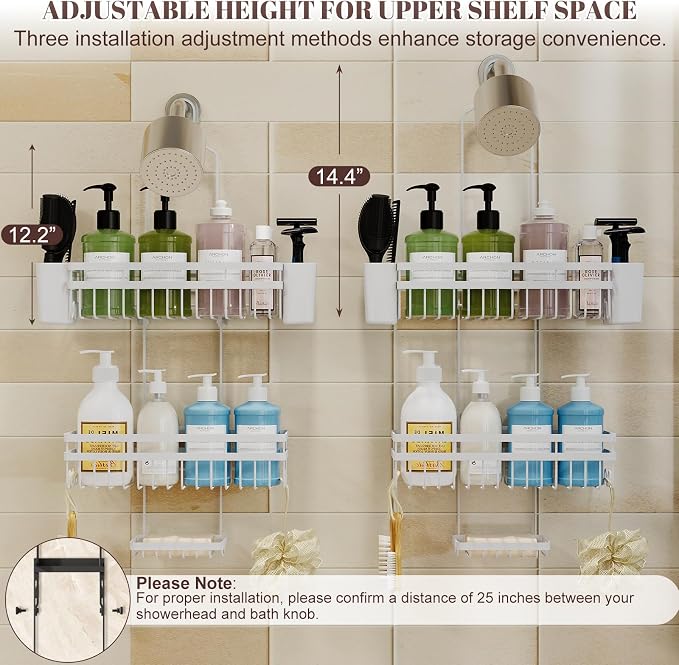 Shower Caddy Hanging for Bathroom Organizers and Storage, 3 Tier Adjustable Anti-Swing Shower Organizer hanging with Heavy-Duty Suction Cups, Damage-Free Rustproof (White)