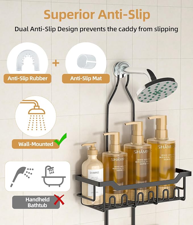 Adjustable Shower Caddy Hanging, Extended Length Organizer Over Shower Head, 3 Tier Long Neck Shower Rack with Soap Holder for Large Storage, Black