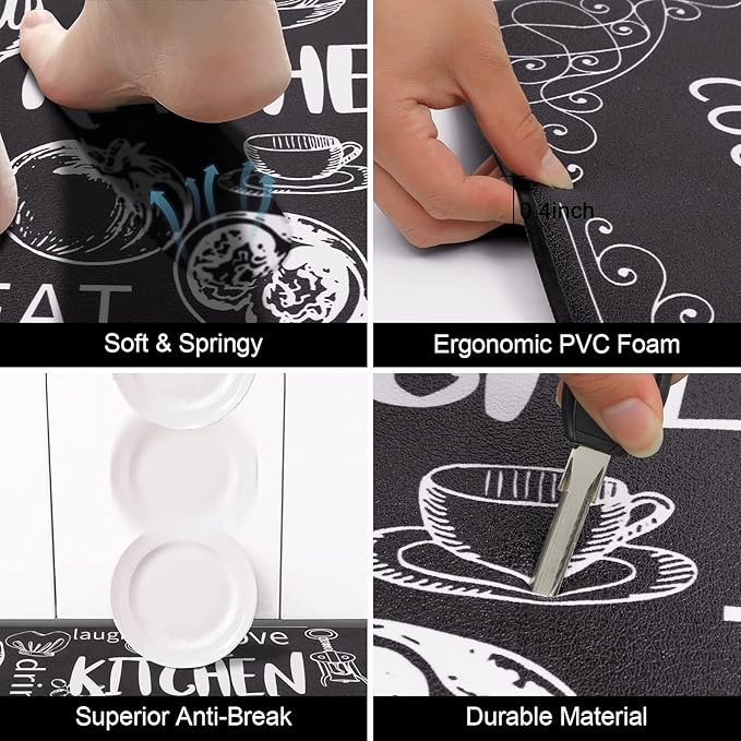 HEBE Kitchen Rugs Set of 2, Cushioned Anti Fatigue Kitchen Mats for Floor, Non Slip Waterproof Comfort Standing Desk Mat Carpet for Sink, Stove, Laundry Room, Black