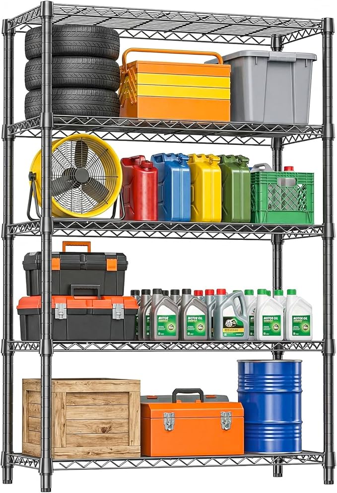 IZEUK 5-Tier Heavy Duty Metal Storage Shelving Unit, Adjustable Steel Wire Rack Shelf Organizer for Garage, Kitchen, Basement, Laundry, Office(Black, 17.7" D x 47.2" W x 72.3" H, 1750 lbs Capacity)