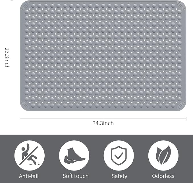 Yolife Extra Large Shower Mat, 34.3" L x 23.3" W TPE Anti Slip Stand Up Shower Mat with Drain Holes and Suction Cups, Large Size Mat More Suitable for Shower Stall, No Odor, Heavy Mat