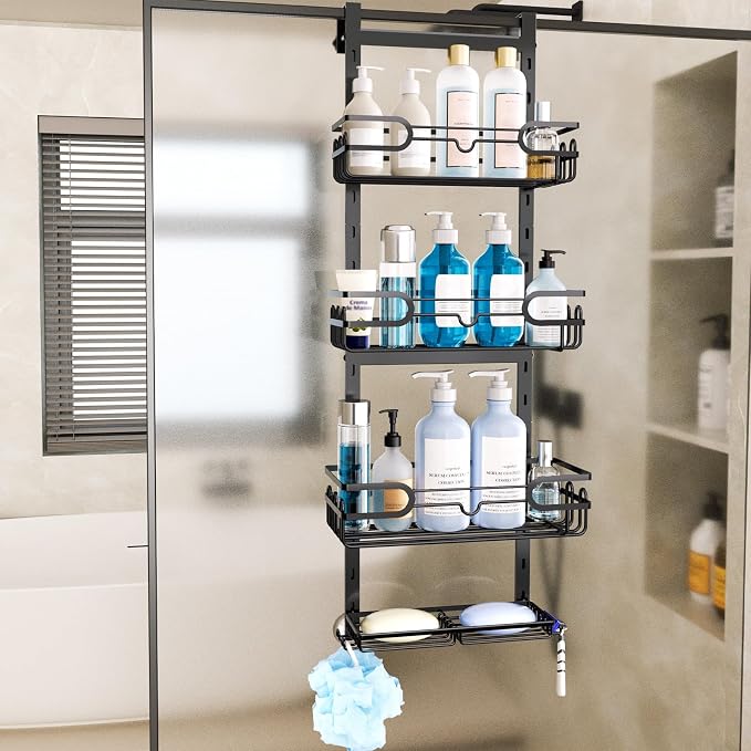 Consumest Over The Door Shower Caddy - 4 Tier Adjustable Hanging Shower Organizer Shelf with 2 Soap Holders & 22 Hooks, Rustproof Easy Installation Hanging Storage Rack for Bathroom, Black