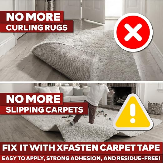 XFasten Carpet Tape Double Sided - Heavy Duty 2” x 20 yds Gentle on Surface Double Sided Carpet Tape for Area Rugs Over Carpet for Hardwood Floors, Corner Rug Tape for Carpet to Carpet