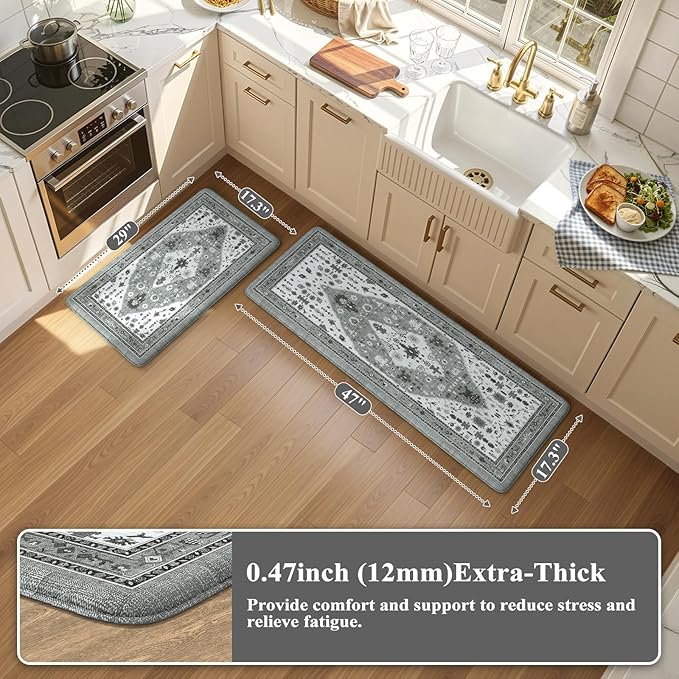 Collive Boho Kitchen Rugs and Mats 2PCS, Cushioned Anti Fatigue Kitchen Mats for Floor Waterproof Non Slip Comfort Foam Standing Mat for Kitchen,Office,Sink,Laundry,17.3''x29''+17.3''x47''
