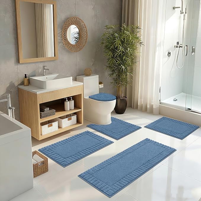 Pauwer Bathroom Rugs Set 5 Piece Non Slip Washable Bath Mat Set with U Shaped Contour Toilet Rugs Plush Absorbent Microfiber Shower Mat and Toilet Lid Cover for Bathroom, Blue