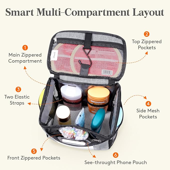 Lifewit Mesh Shower Caddy Bag Portable, Quick Dry Hanging Bathroom Organizer with PVC Phone Bag, College Dorm Room Essentials for Travel, Gym, Camping, Toiletry Tote for Women Men, Medium, Grey