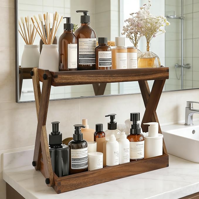 Wood Countertop Organizer, 2 Tier Wooden Shelf for Coffee Bar Accessories, Kitchen Spice Rack Organizer, Condiment Storage Caddy for Home, Office, Bathroom