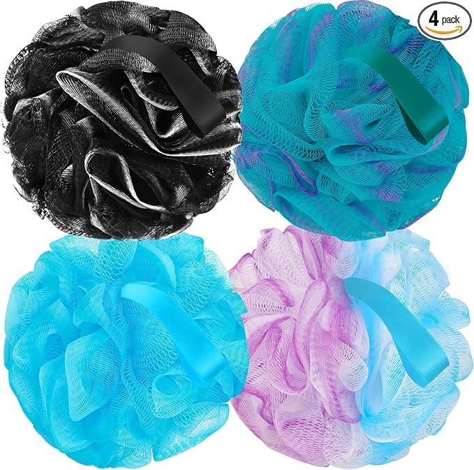 FARMOGA Bath Loofah Sponge Back Scrubber Shower Sponge Soft Mesh Exfoliator Pouf Shower Ball Bath Sponges for Women and Men Bath Accessories (4Pcs 50g Mix Black)