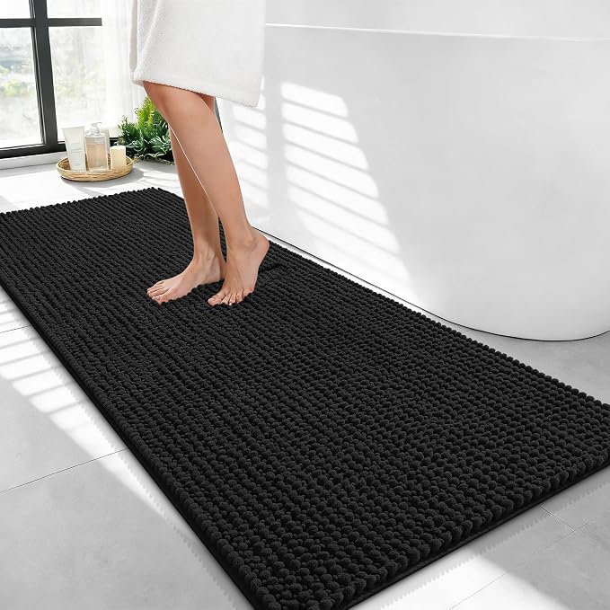 OLANLY Thick Bathroom Runner Rugs 44x24, Extra Soft Absorbent Chenille Bath Rugs, Rubber Backing, Machine Wash Dry, Long Bath Mats for Bathroom Floor, Tub and Shower, Home Decor Accessories, Black