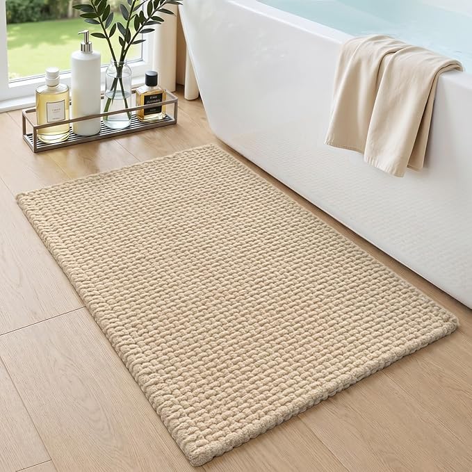 DEXI Bathroom Rugs 24x16, Non Slip Washable Bath Mat, Absorbent Chenille Bathmat, Ultra Soft Thick Carpet for Tub Shower Floor, Beige