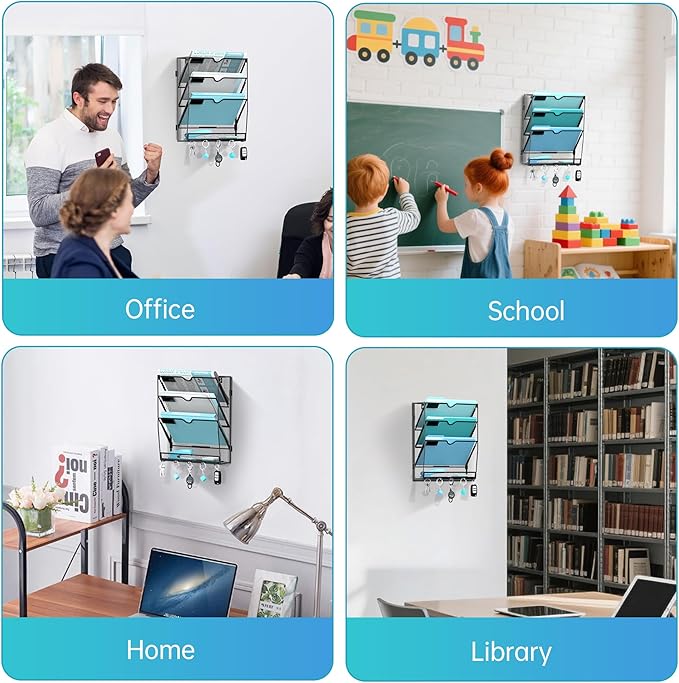 2 Pack 4 Tier Wall File Organizer - Hanging File Organizer with 5 Hooks, Mail Holder Wall Mounted for Papers, Folders, Magazines, Bills, Office&School Organization, Black
