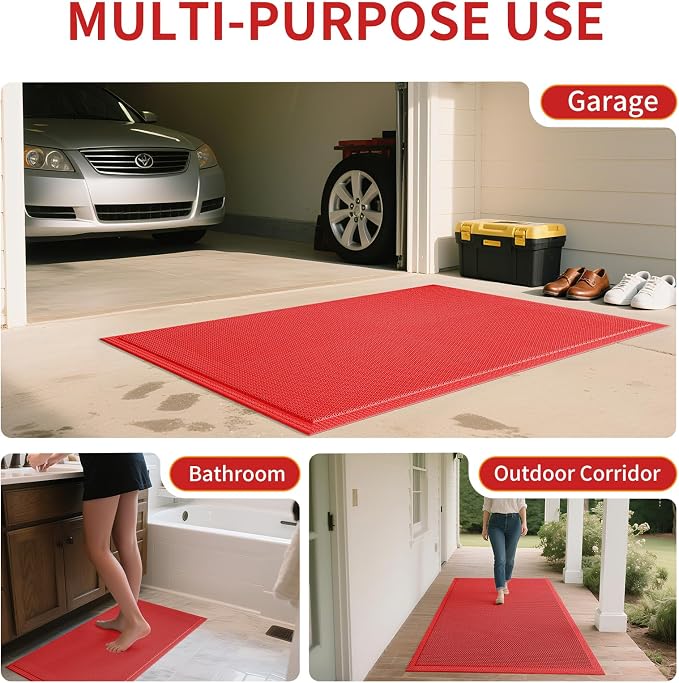 Front Door Mat 24''x36'', Drainage Heavy Duty Dirt Trapping Non-Slip Doormats, Outdoor Rubber Floor Mats, Restaurant Commercial Kitchen Industral Pool Entrance Bar Wet Area, Red