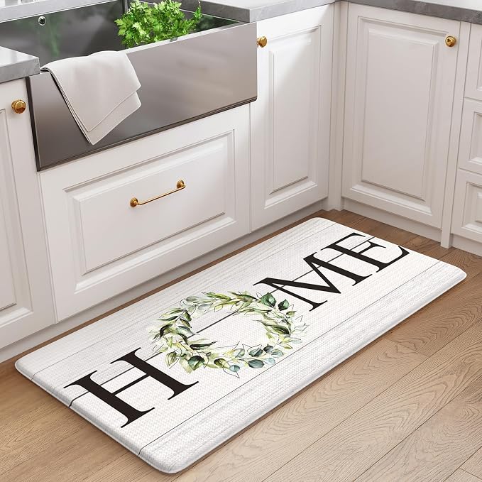 KIMODE Anti Fatigue Kitchen Mat Cushioned, Boho Farmhouse Kitchen Runner Rug, Non Slip Memory Foam Kitchen Mat for Floor, Waterproof Standing Desk Mat for Laundry Office Sink 20"x39" White