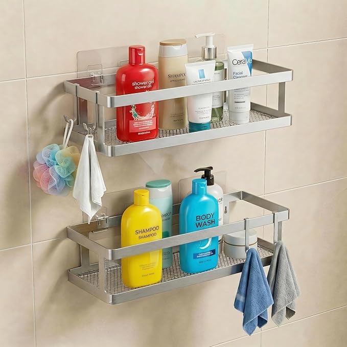 PUSDON 2-Pack Minimalist Shower Caddy Wall Mount, Open Frame Bathroom Shelf Organizer with Mesh Base, Rustproof Floating Spice Rack for Kitchen, Holds 50 LBS, 4 Hooks - Silver Gray, Guardrail