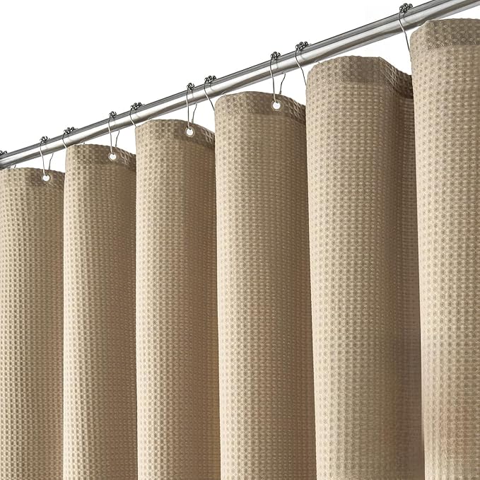 Dynamene Stall Fabric Shower Curtain - 54 inch Wide Waffle Weave Weighted Thick Cloth Shower Curtains for Bathroom, Heavy Duty Hotel Spa Luxury Bath Curtain Set with 10 Hooks, 54x72, Beige/Khaki