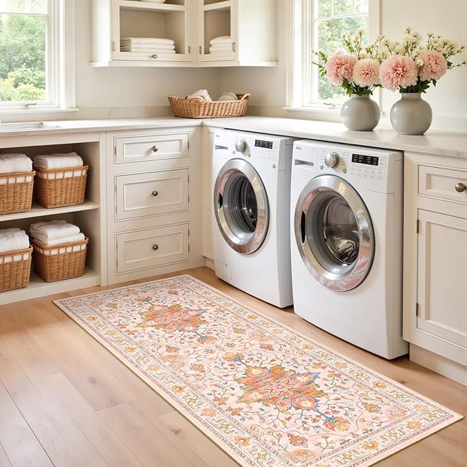 RELEANY Area Rugs Runner 2'x6' Washable Non-Slip, Floral Vintage Distress Medallion Carpet for Kitchen Hallway Bedroom Beside Laundry Room Bathroom, Light Pink Colorful