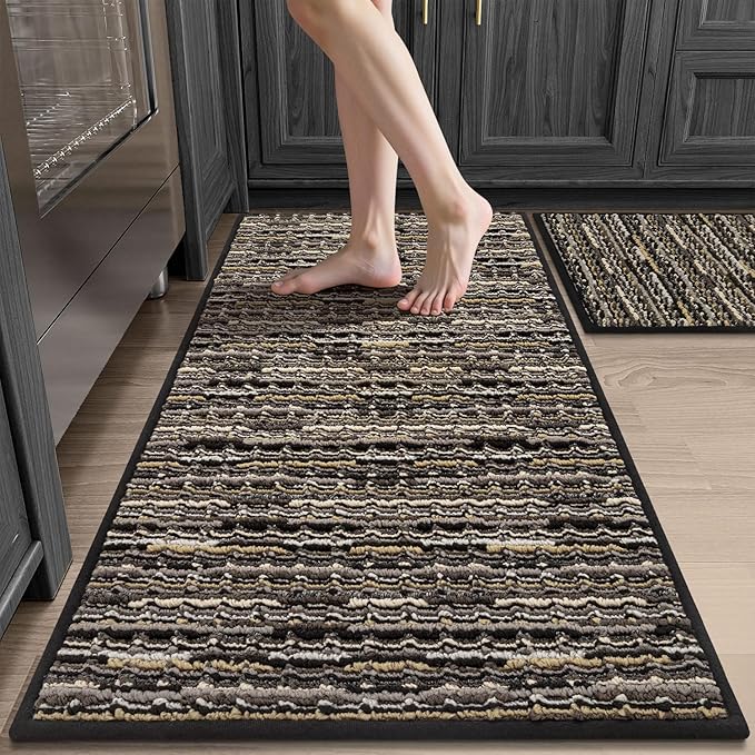Kitchen Rugs Sets of 2-Non Slip Kitchen Mats for Floor-Thick Stain Resistant Vintage Kitchen Floor Mat Runner Carpet for Hallways Entryway Laundry Room Washable（Black 20"x47"+20"x32"）
