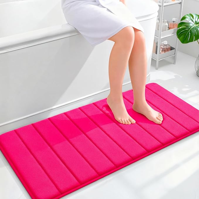 OLANLY Memory Foam Long Bathroom Rugs Runner 44x20, Super Soft Absorbent Bath Mat, Quick Dry, Machine Washable Shower Floor Rugs, Bathmat Carpet, Bathroom Home Decor Accessories, Hot Pink