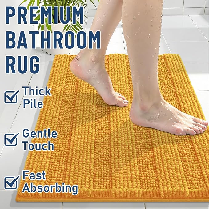 Grandaily Chenille Striped Bathroom Rugs 24x16, Extra Thick and Soft Absorbent Bath Mats, Rubber Backing, Plush Shaggy Shower Carpet, Machine Wash Dry, Bath Rug for Bathroom, Golden Yellow