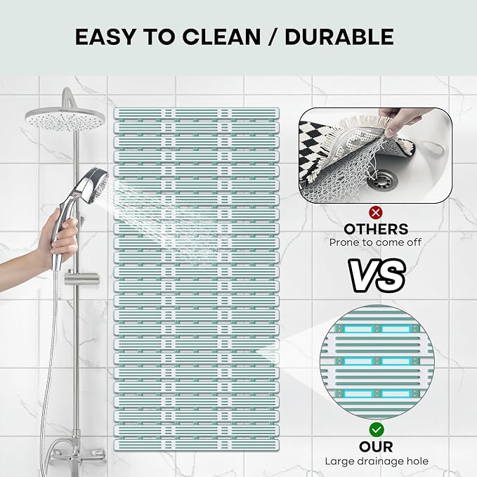 XIYUNTE Shower Mat Non Slip Bath Mat for Tub - 36 x 16 Inch Bathtub Mat Non Slip Shower Mats for Inside Shower, TPE Bath Mat with Suction Cups and Drain Holes, Easy to Cut, Green