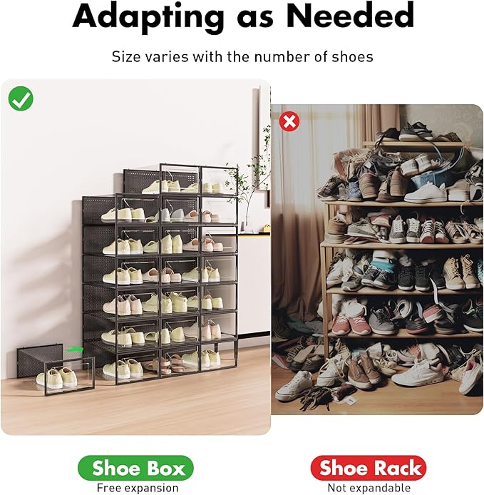 Foluck Shoe Storage Box, 15 Pack Clear Plastic Stackable Organizer for Closet, Interlocking Design Container Bins for Sneakers, Foldable Shoe Rack for Closet,Entryway, Black