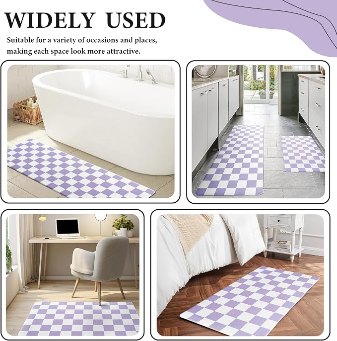 Purple Checkered Grid Checkerboard Kitchen Rug Sets [2 PCs], Anti-Fatigue, Waterproof Non-Slip Kitchen Mats Heavy Duty Ergonomic Comfort Foam Rug for Floor, Home, Laundry,17"x29"+17"x47"