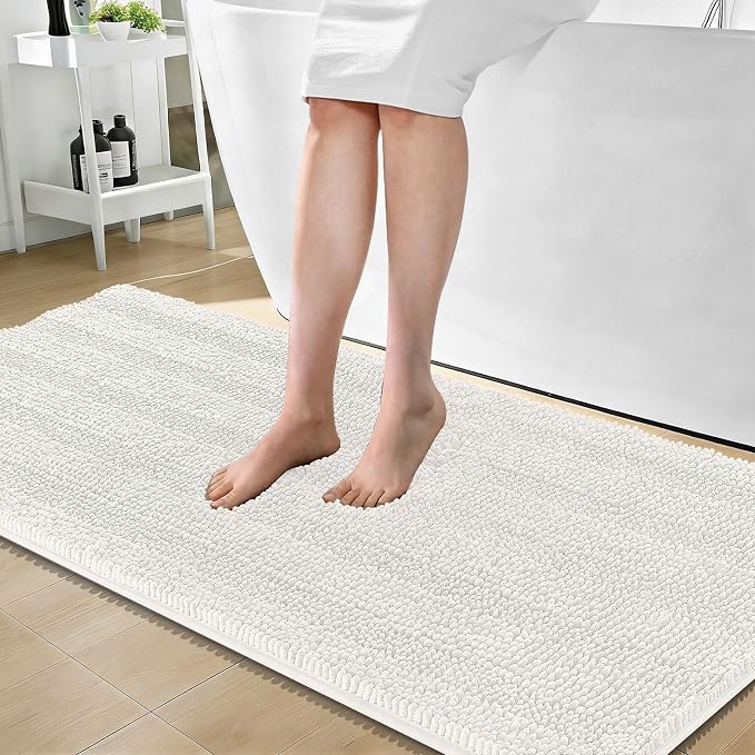 OLANLY Thick Bathroom Runner Rugs 59x24, Absorbent Chenille Striped Bath Rugs, Rubber Backing, Machine Wash Dry, Extra Long Bath Mats for Bathroom Floor, Tub and Shower, Home Decor Accessories, Ivory