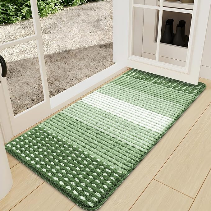 Kitinjoy Indoor Outdoor Door Mat, 47x24 Non-Slip Absorbent Dirt Trapper, Low-Profile Washable Inside Entrance Front Floor Mat, Sturdy Soft Entry Dotted Ombre Doormats for Entryway, Sage Green