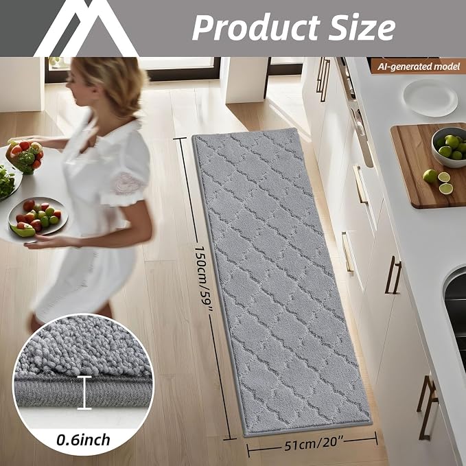 COSY HOMEER Soft Kitchen Floor Mats for in Front of Sink Super Absorbent Rugs and 20"x59" Non-Skid Mat Standing Washable,Polyester,Grey