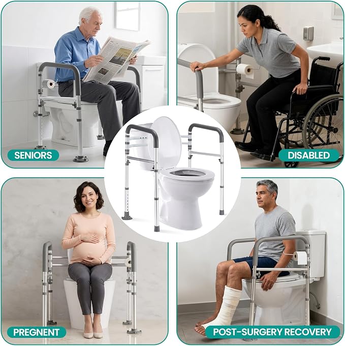 Toilet Safety Rails for Seniors | 350 lb Capacity Adjustable Toilet Handles for Elderly Adults, Heavy-Duty Toilet Safety Frame with Support Handles for Handicap Users & Mobility Assistance