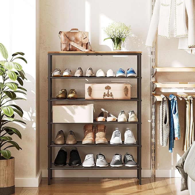 YATINEY 6-Tier Shoe Rack, Shoe Storage Organizer for Closet, Free Standing Shoe Organizer with Metal Mesh Shelves, 24 Pairs of Shoes, Rustic Brown and Black SS06BR