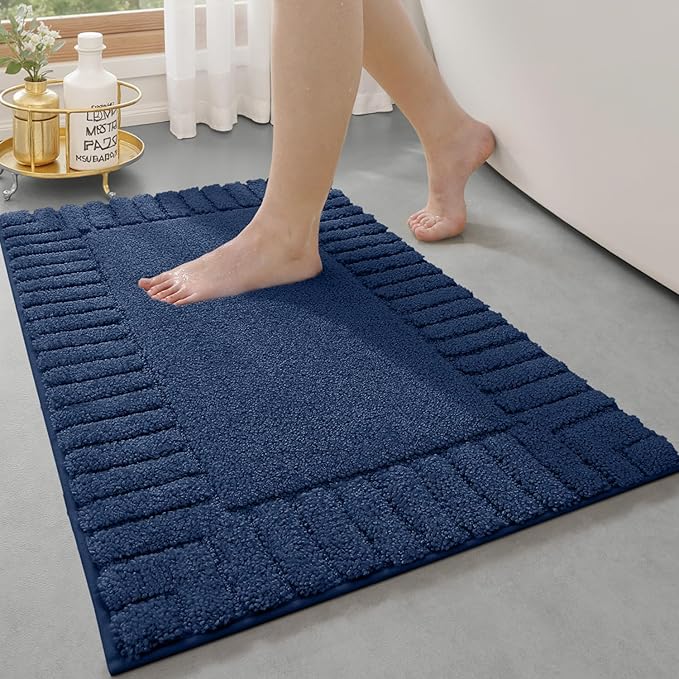 LUMI Bathroom Rugs Non Slip with Rubber Backing, Extra Soft Plush Microfiber Bath Rug Absorbent, Machine Washable Bath Mat Quick Dry for Tub, Shower, Hotel, Blue, 16" x 24"