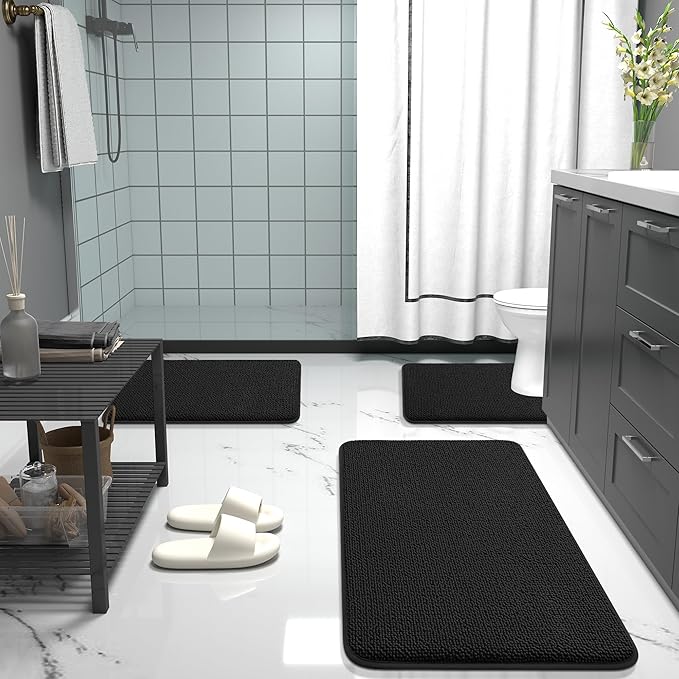 OLANLY Thick Memory Foam Bath Mat Rug 32x20, Extra Soft Absorbent Bathroom Rug, Quick Dry Bath Mats, Non-Slip, Machine Washable Carpet for Bathroom, Tub and Shower, Home Decor Accessories, Black
