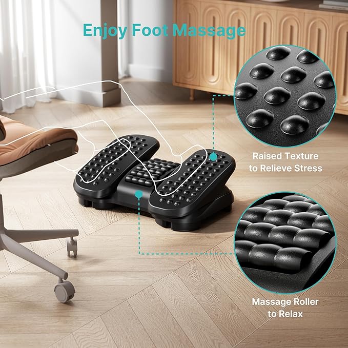 PEGZONE Foot Rest Under Desk with Massage Texture and Roller, Ergonomic Foot Stool with 2 Height Position, Adjustable Foot Rest for Under Desk at Work, Black