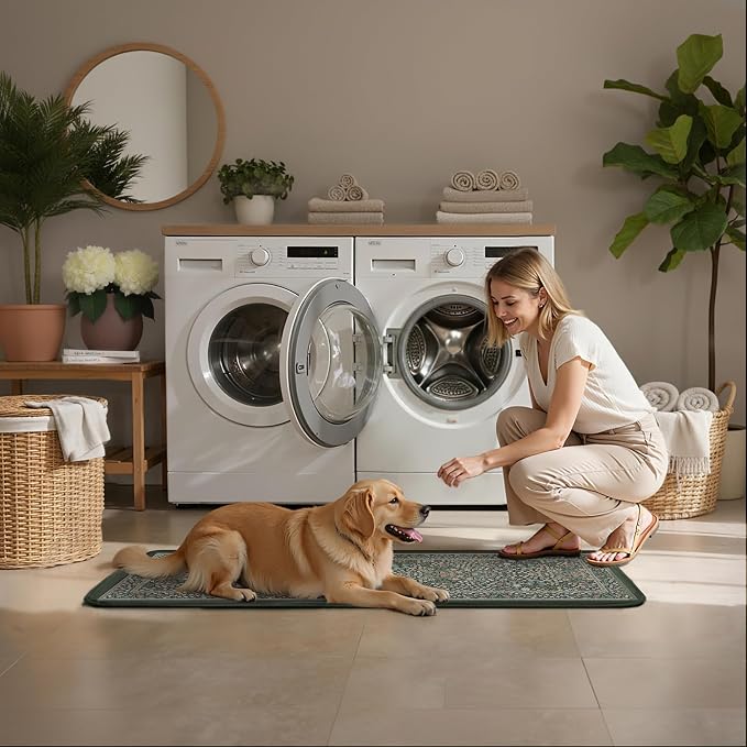 Kitchen Mats for Floor Thick Anti Fatigue Waterproof Vintage Spring Floral Kitchen Rugs 2PCS Cushioned Non Slip Black Green Comfort Standing Mats for Sink Laundry Office 17.3"×47"+17.3"×30"