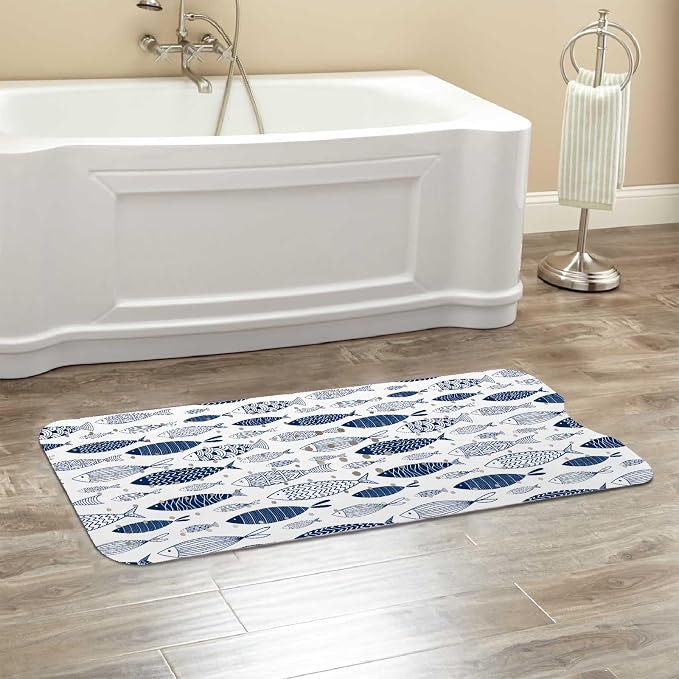Fish Bathtub Mat Non Slip, Boho Baby Bath Mat for Tub Rubber Tub Mat, Cute Kids Bath Mats for Bathroom Ocean Anti Slip Shower Mat with Suction and Drain Holes Machine Washable, 40″X16″