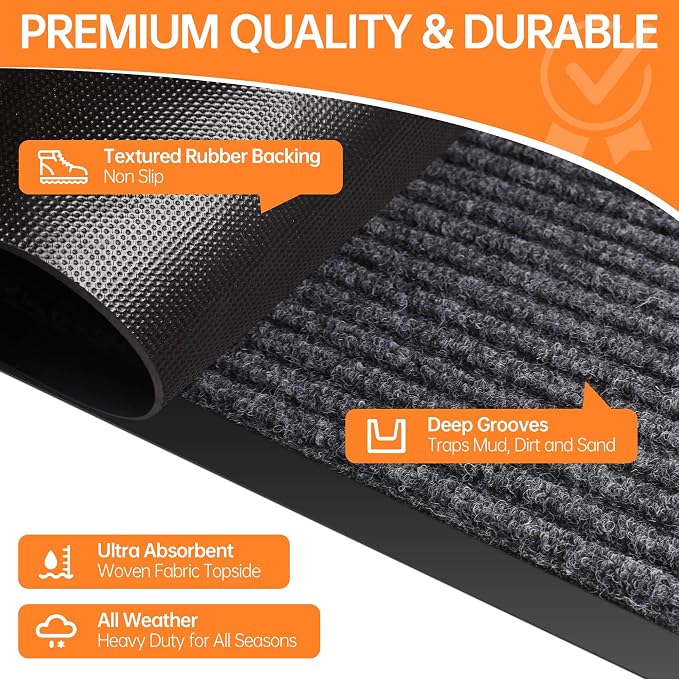 Indoor Outdoor Door Mat, 4’ x 2' Doormat for Entryway, Rubber Backing Non Slip Front Door Mat Outside Entrance, Super Absorbent Commercial Floor Mat for Home Office, Grey