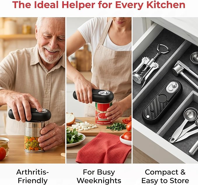 Electric Can Opener-Hands-Free Automatic,USB-C Rechargeable,Smooth Edge Opener for Seniors & Arthritis,120Min Runtime,Wall Mountable (Black)