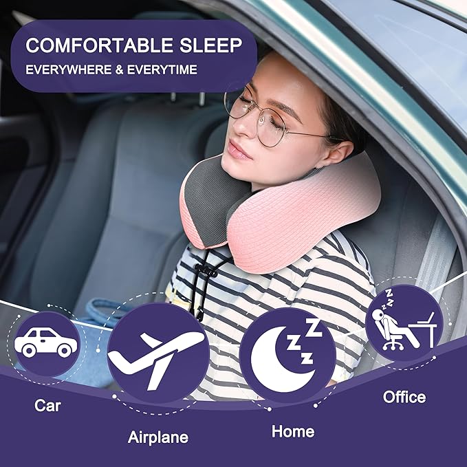 napfun Neck Pillow for Traveling, Upgraded Travel Neck Pillow for Airplane 100% Pure Memory Foam Travel Pillow for Flight Headrest Sleep, Portable Plane Accessories, Pink