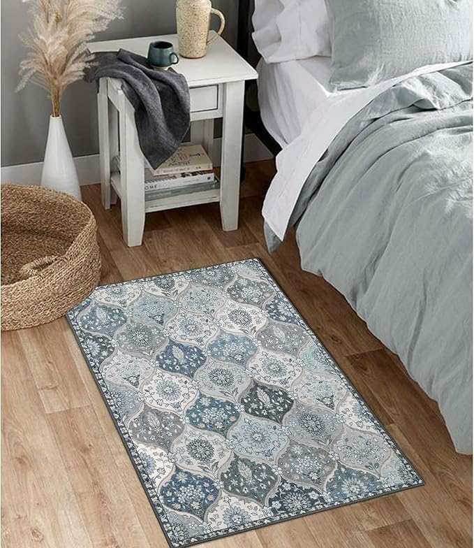 Lahome Moroccan Trellis Front Door Mat Indoor Entrance, 2x3 Rugs for Entryway Non-Slip Washable Indoor Door Mat, Oriental Accent Small Rug for Kitchen Bedroom Bathroom Elise, Blue